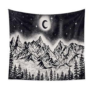 Detail of black and white tapestry showing a moon, starry sky, mountains, and forest