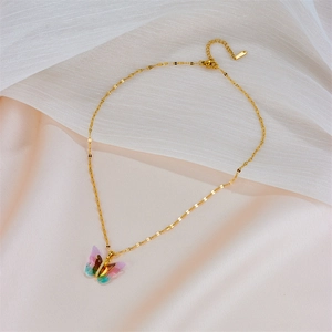Elegant gold butterfly necklace with colorful gradient wings and zircon inlays for women