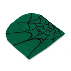 Close-up of green knitted beanie featuring a bold black spider web jacquard design