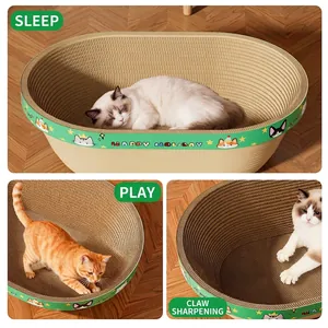 Three-in-one cat scratcher and oval corrugated cardboard bed with cartoon pattern