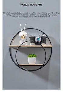 Detail of Nordic circular iron wall shelf with two-tier light wood storage boards