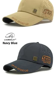 Detail view of quick-dry baseball caps featuring laser-cut vents and embroidery