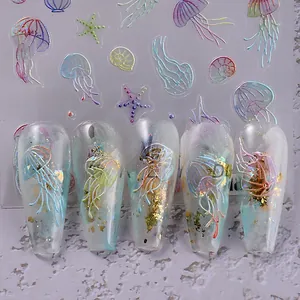 Macro detail of holographic jellyfish nail stickers with iridescent starfish and shell patterns
