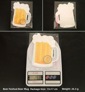 Detail of Oktoberfest beer mug paper decorations including packaging and 26.3g weight display