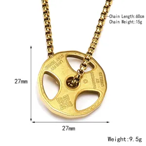 Golden barbell weight plate pendant necklace in polished titanium steel for gym lovers