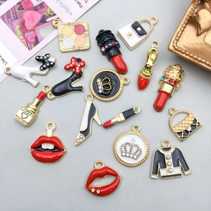 Enamel alloy fashion charms including lipstick, shoes, and bag shapes with rhinestones