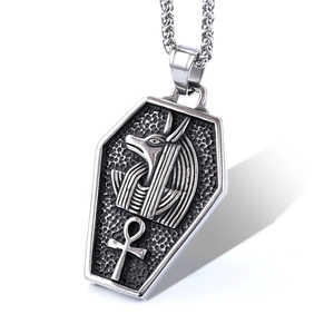 Vintage silver stainless steel Egyptian Anubis pendant necklace on white background