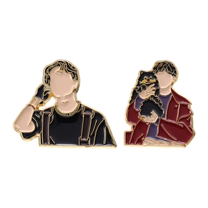 Cartoon enamel pin set featuring minimalist figures with a dog on a white background