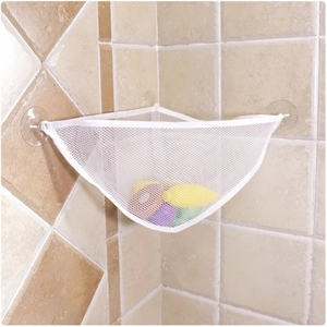 Triangle mesh toy organizer with suction cups for white bathroom corner storage