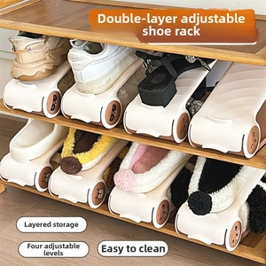 Close-up of adjustable double-layer shoe rack with four-level height adjustment mechanism