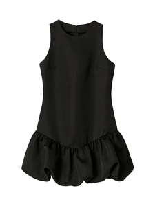 Sleeveless black mini bubble dress with a chic layered ruffled hemline for women