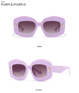 Irregular polygon purple sunglasses showing front and 45-degree side view details