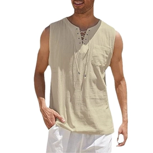 Men's cotton linen sleeveless shirt with V-neck lace-up detail and front pocket in beige