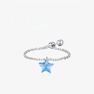 925 Sterling Silver Adjustable Soft Chain Ring With Blue Star Pendant Sliding Bead Korean Style Jewelry Gift For Women