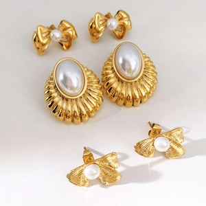 Three-piece gold bow and pearl vintage earrings set for women in elegant French style