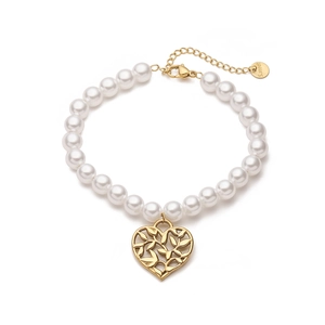 18K gold plated stainless steel heart charm pearl bracelet with lobster clasp for women