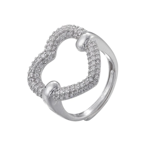 Detail of silver heart-shaped adjustable ring with pavé-set white cubic zirconia stones