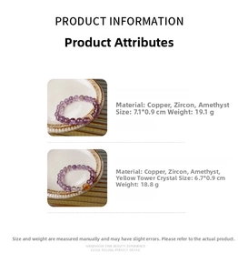 Detail view of purple amethyst and yellow tower crystal beaded bracelets with specifications