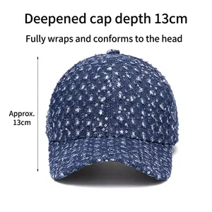 Distressed blue denim baseball cap with silver sequins and deep 13cm profile design