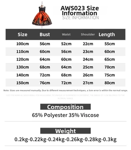 Detailed size chart for girls Halloween pumpkin witch costume with chest and length data
