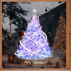 Luminous blue-purple Christmas tree window static sticker with Merry Christmas text