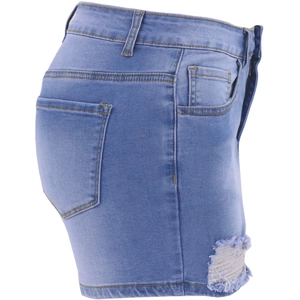 Women's light blue high waisted distressed denim shorts with frayed hems and side pockets