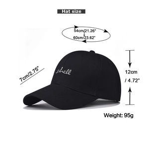 Detailed size chart for black cotton baseball cap with shell embroidery and measurements