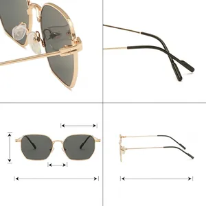 Retro vintage UV400 gold metal frame sunglasses with grey lenses and size measurement