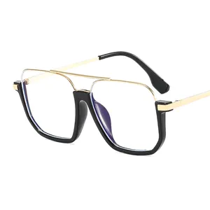 Classic black and gold oversized square blue light blocking glasses with double bridge