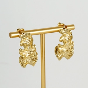 18K gold plated stainless steel C-shape earrings with irregular lava texture