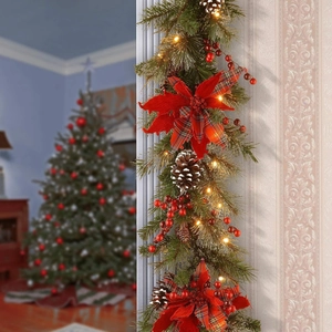 LED Christmas Garland With Poinsettia Flowers Pine Cones Red Berries Warm White Lights Festive Home Mantle Door Decor