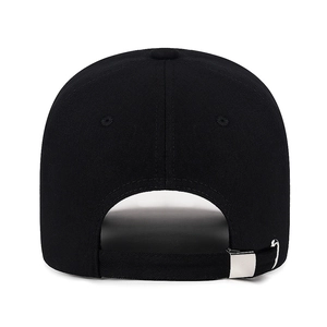 Rear view of black cotton baseball cap with adjustable metal buckle on white background