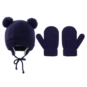 Gestricktes Set aus Wintermütze und Fäustlingen mit Pompons in Dunkelblau für Kinder