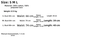 Size chart and fabric info for lace patchwork top and skirt set, 100% cotton material