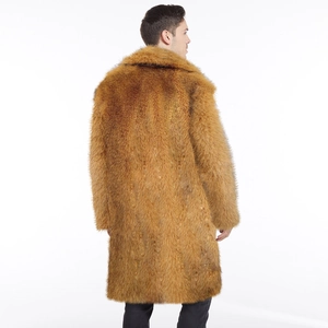 Back view of a long amber faux fur coat for men showing thick texture and premium material