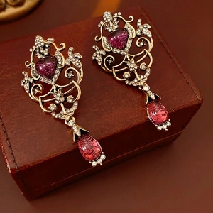 Vintage gold hollow earrings with pink heart and teardrop gems and white crystals