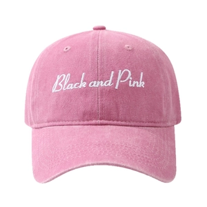 Pink washed cotton baseball cap with Black and Pink embroidery on soft top crown