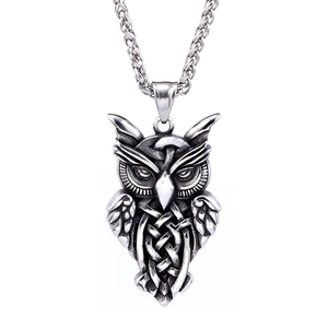 Vintage stainless steel owl pendant necklace with Celtic Knot patterns on a rope chain