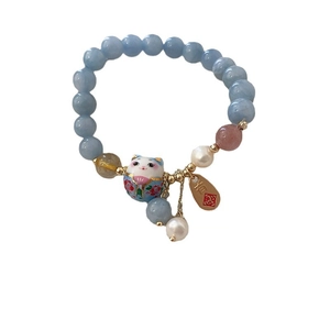Lucky cat charm bracelet with light blue beads and white pearls in neo-Chinese style