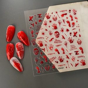 3D embossed Halloween nail stickers with bloody handprints and skulls design