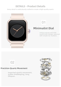 Detailed view of square rose gold quartz watch with mesh strap and minimalist dial face
