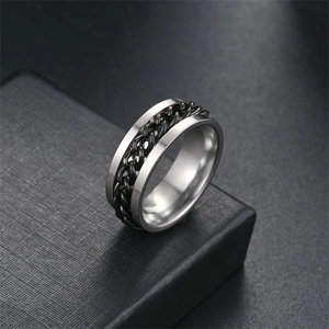 Detail of a rotating stainless steel chain ring with silver and black dual-tone finish