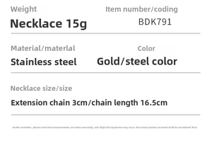 Specifications of 15g stainless steel heart necklace with 16.5cm chain and 3cm extension