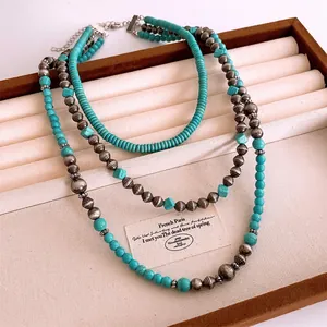 Vintage Bohemian Multi Layer Beaded Necklace For Women Irregular Stone ABS Alloy Ethnic Style Layered Jewelry