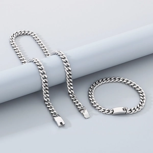 Polished silver stainless steel Cuban chain necklace and bracelet set with square clasp