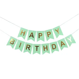 Mint green Happy Birthday banner with gold foil letters for party background decoration