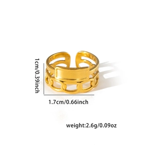 Detail showing dimension 1cm by 1.7cm for minimalist gold chain textured steel ring