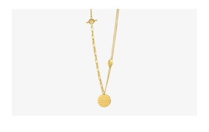 Detail of 18K gold plated double layer necklace with OT buckle and engraved coin pendant