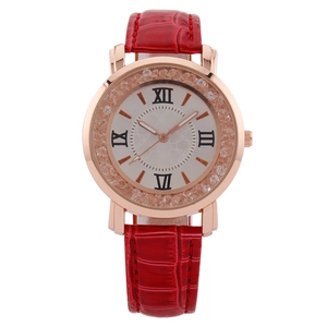 Elegant rose gold quartz watch with red leather strap and rhinestone bezel for women