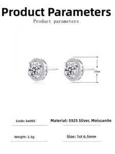 Detailed specs for S925 silver moissanite studs showing 1 carat stone and 6.5mm diameter
